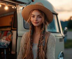 Boho braids and vintage vibes combine at sunset photo