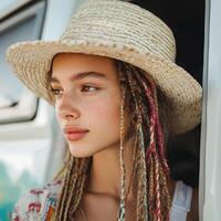 Stylish boho braids showcased with a summer hat photo