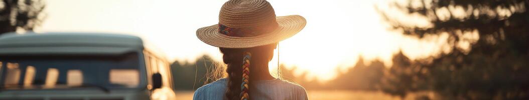 Enjoying sunset with boho braids and a hat photo