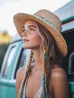 Beautiful boho braids and a straw hat in nature photo