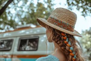 Bohemian style braids with colorful accents outdoors photo