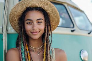 Boho braids styled under the sun near a vintage van photo