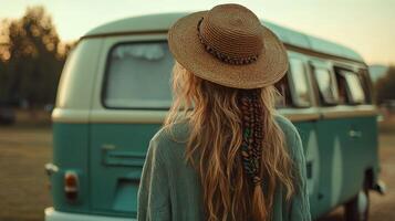 Boho braids and vintage van at sunset in nature photo