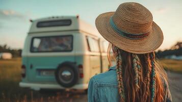 Boho braids and a vintage van at sunset in the countryside photo