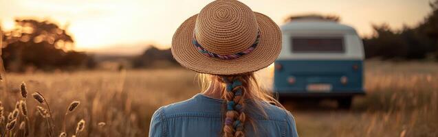 Boho braids and sunset bliss in a serene field photo