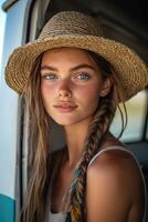 Boho braids shine under summer sun in rustic setting photo