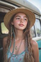 Boho braids and a straw hat by the vintage van photo