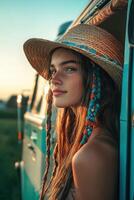 Boho braids shine in golden sunset near vintage van photo
