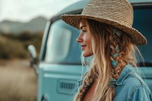 Boho braids and vintage van under a sunny sky photo