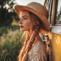 Boho braids and vintage vibes in golden sunset glow photo