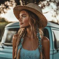 Boho braids and sun hat create a stylish summer look photo