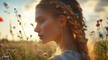 Boho braids in a flower field during golden hour photo