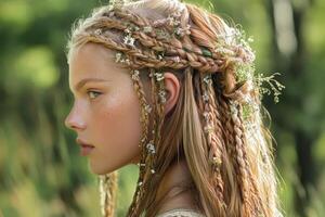 Boho braids adorned with flowers in natural light photo