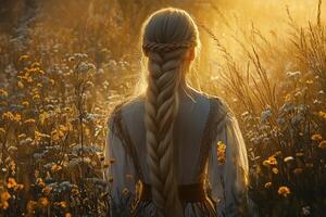 Boho braids shine in golden meadow light photo