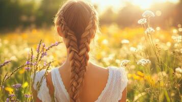 Braided hairstyle shines in a sunlit flower field photo