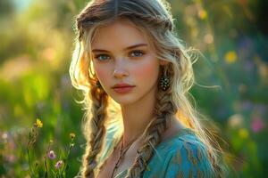 Young woman with boho braids in a vibrant flower field photo