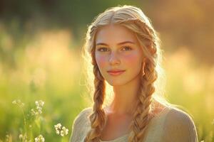 Beautiful boho braids in a warm golden hour setting photo