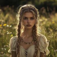 Boho braids in a sunlit wildflower field during golden hour photo