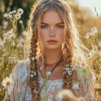 Boho braids with daisies in a sunlit field photo