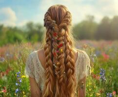 Boho braids adorned with flowers in a vibrant field photo