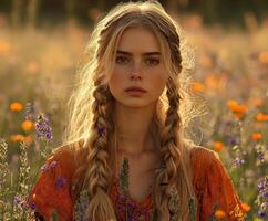 A beautiful young woman with braids in a field of flowers photo