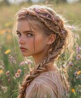 Boho braids with flowers in a sunlit field photo