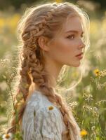 Elegant boho braids in a sunlit flower field photo