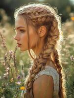 Boho braids shine in a sunny meadow setting photo