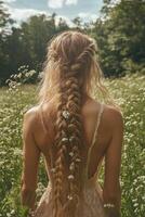 Boho braids in a sunny meadow with wildflowers photo