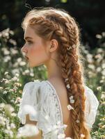 Boho braids in a meadow filled with wildflowers photo