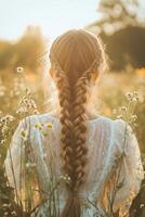 Boho braids shine in a golden sunset field photo