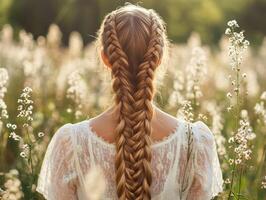 Boho braids in a blooming meadow during golden hour photo