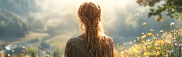 Boho braids enhance serene outdoor setting at dawn photo