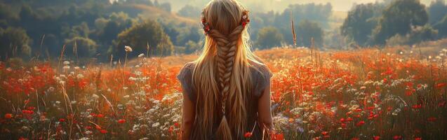 Boho braids amidst a vibrant summer wildflower field photo