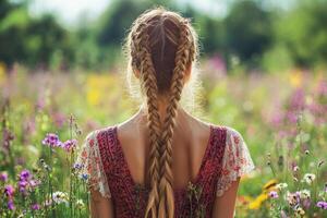 Boho braids in a vibrant wildflower field photo