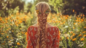 Boho braids with flowers in a sunny meadow setting photo