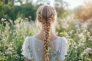 Boho braids shine beautifully in a sunlit flower field photo