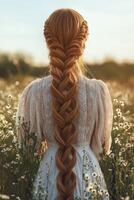 Elegant boho braids in a sunlit field of flowers photo