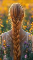 Beautiful boho braids in a floral field at sunset photo
