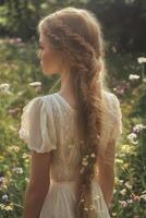 Boho braids complementing a floral meadow in sunlight photo