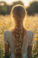 Beautiful boho braids in a golden flower field photo