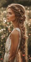 Boho braids in a sunlit wildflower field photo