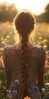 Beautiful boho braids in a sunlit flower field photo