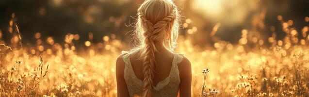 Boho braids in a golden field at sunset photo