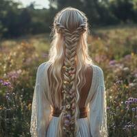 Boho braids in a flower-filled meadow at sunset photo