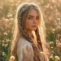 Boho braids in a sunlit field during golden hour photo