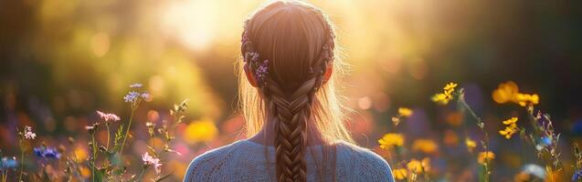 Boho braids and wildflowers in golden sunlight photo