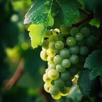 Green grapes growing on vine in garden during summer photo
