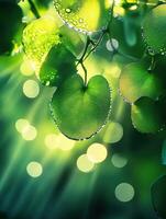 Glowing green leaves with drops in a sunlit forest photo