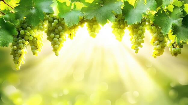 Sunlight illuminating green grape clusters in vineyard photo